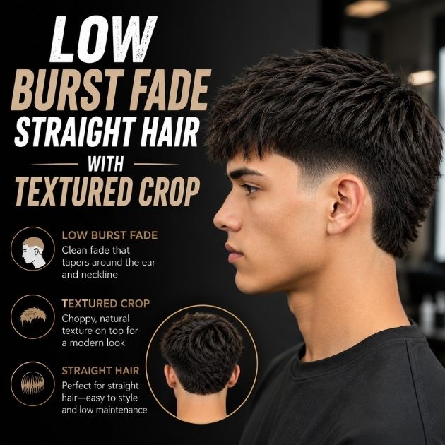 Low Burst Fade Straight Hair with Textured Crop