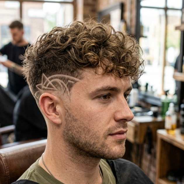 Burst Fade Curly Hair With Design