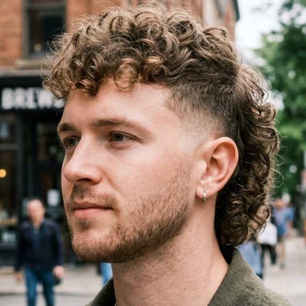 High Burst Fade Curly Hair Mullet