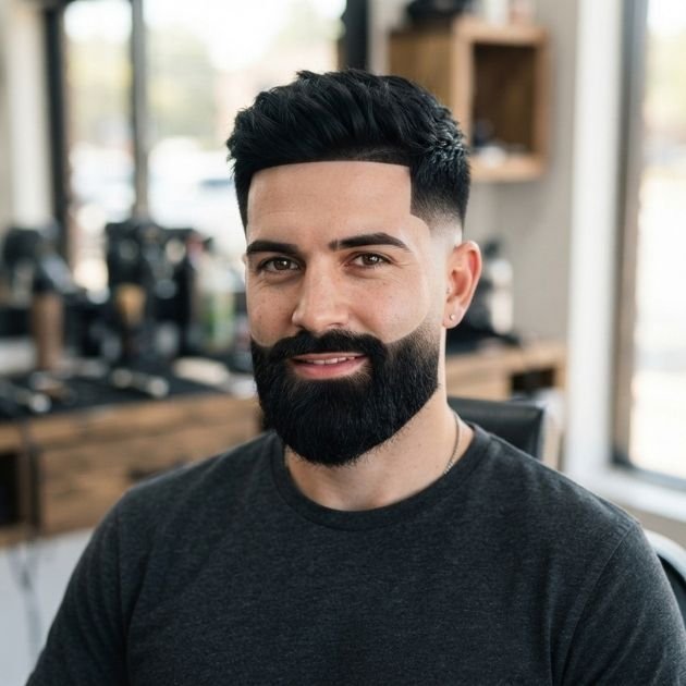 Low taper fade with a beard and line-up