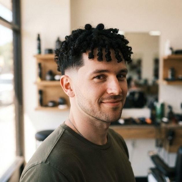 Low taper fade with sponge curls, twists, or locs